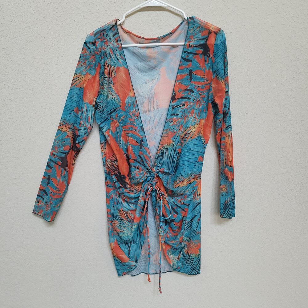 Swimsuit Cover Up Womens Small Drawstring Floral Sheer Mesh Top Beach Resort ub